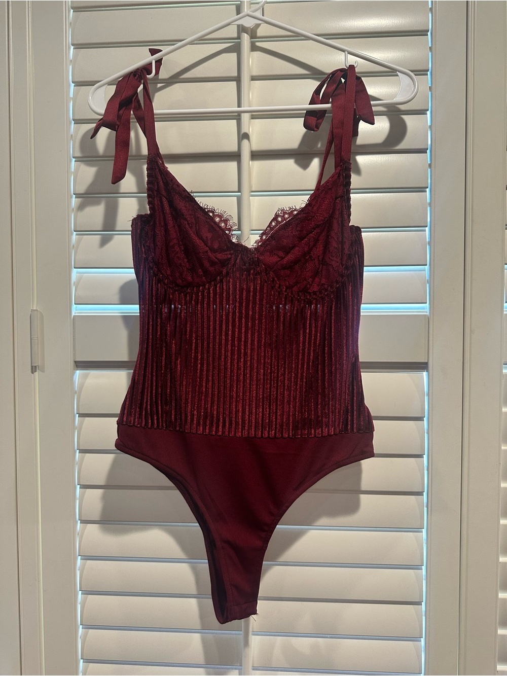Lulus Burgundy Lace & Ribbed Bodysuit with Tie Straps